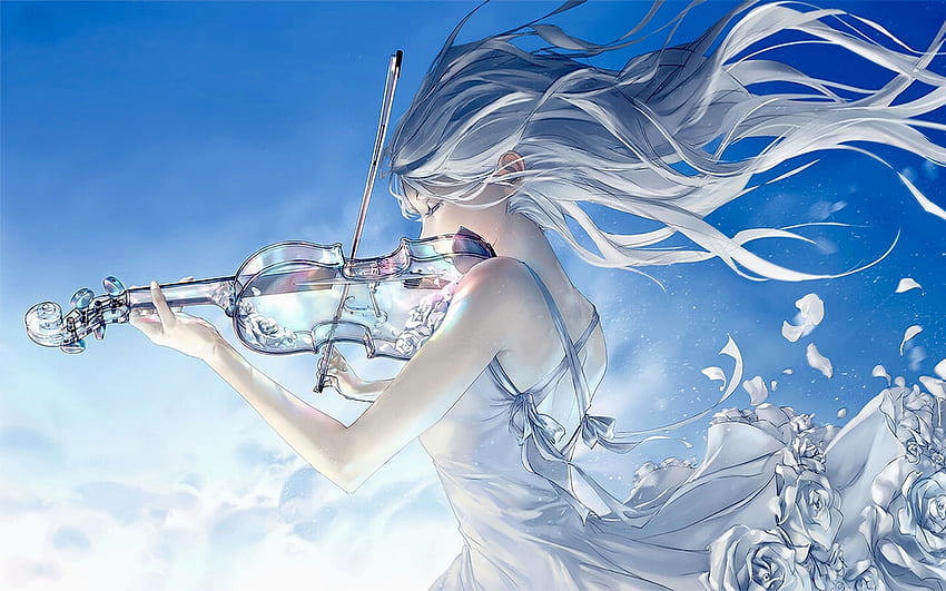 Suonare un violino di vetro, ragazza fantasy, vetro, blu e bianco, anime, etereo, violino, fantasia Sfondo HD
