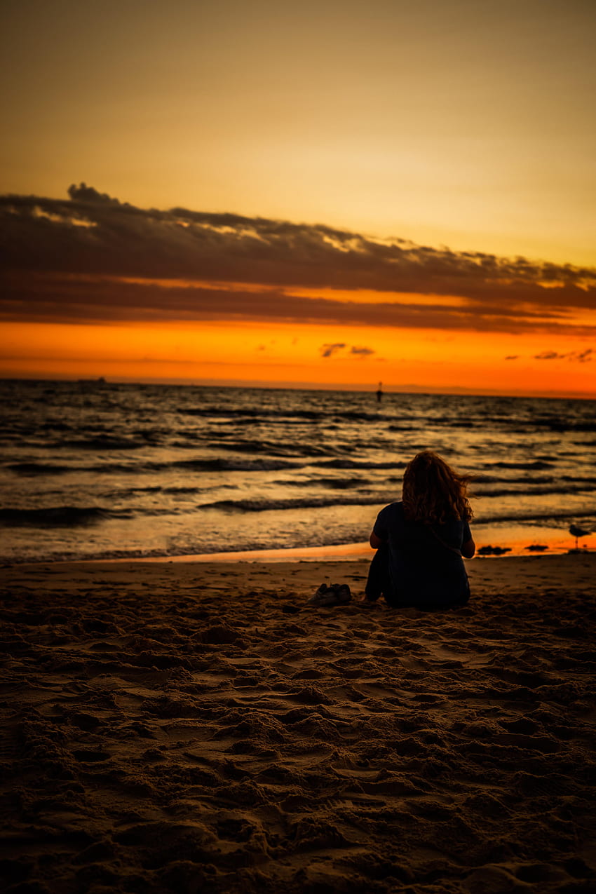 Sunset, Beach, Horizon, , , Female, Woman HD phone wallpaper