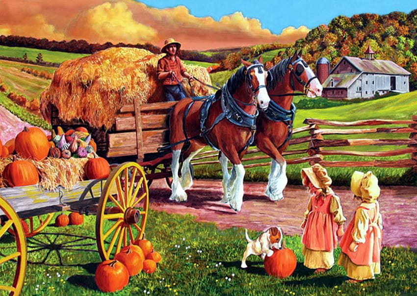 Hay Wagon, zucche, opere d'arte, cavallo, pittura, uomo, bambini, campi, campagna Sfondo HD