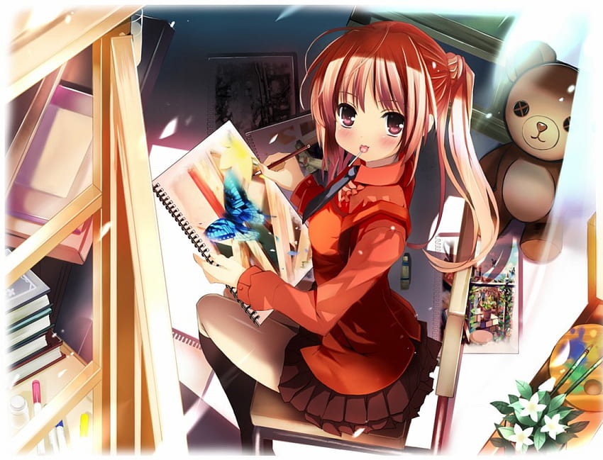 Dibujo, chica anime, pintura, anime, uniforme escolar, colegiala fondo de pantalla
