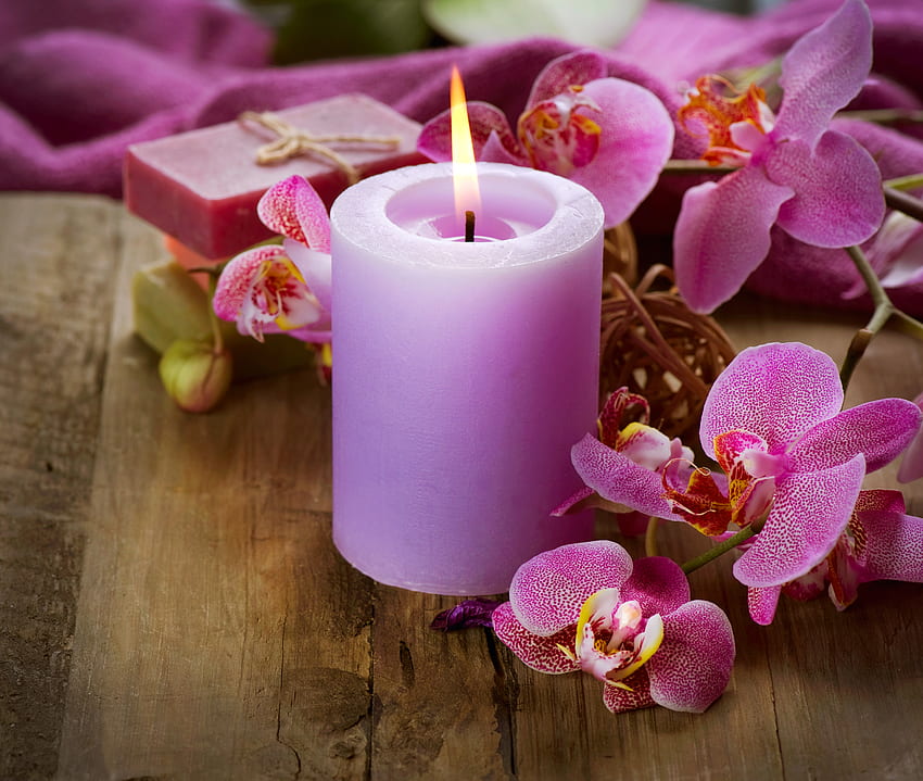 Orchidee e candela, Candela, Sapone, Orchidee, Spa Sfondo HD