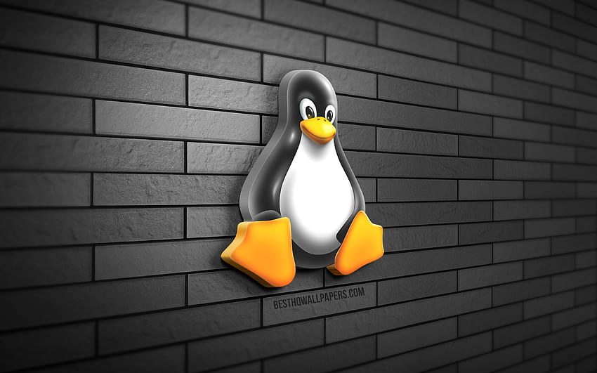 Logotipo de Linux en 3D, pared de ladrillo gris, creativo, sistema operativo, logotipo de Linux, arte en 3D, Linux fondo de pantalla