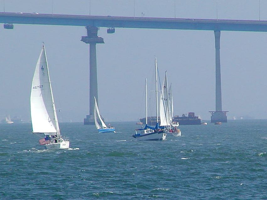 Bay Bridge, Coronado, Boote, Bucht, Brücke, Segel, Wasser, See HD-Hintergrundbild
