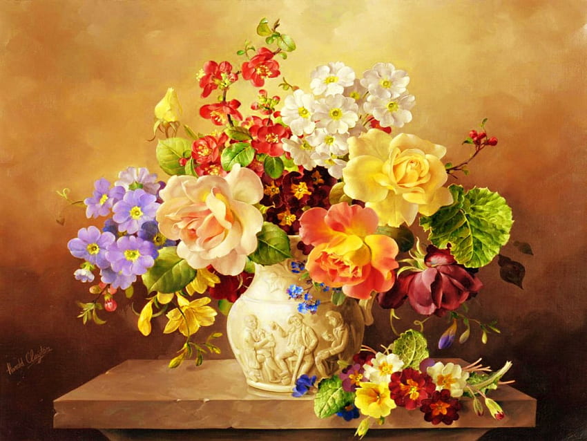 Nature morte, coloré, bouquet, art, vase, belle, peinture, jolie, fleurs, harmonie Fond d'écran HD