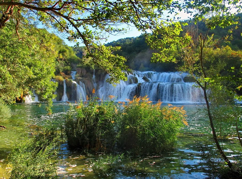 Parque Nacional Krka, cair, bonita, Parque Nacional, Ramos, Cachoeira, Árvores, Verde, natureza, Flores, agua, adorável, floresta papel de parede HD