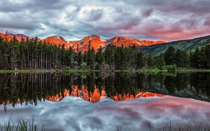 Sprague Lake, akşam, Gün batımı, Beaver Point, dağ, göl, dağ manzarası, Rocky Mountain National Park, Colorado, ABD HD duvar kağıdı