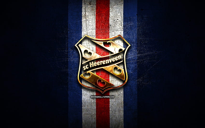 SC Heerenveen, златно лого, BeNe League, син метален фон, холандски отбор по хокей, лого на SC Heerenveen, хокей HD тапет