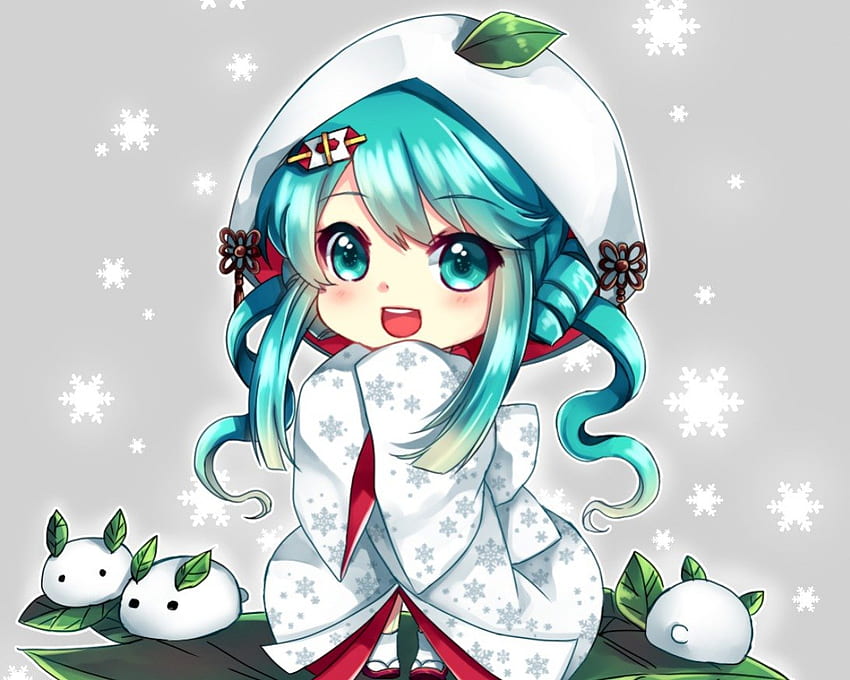 Hatsune Miku, Winter, süß, Vocaloid, langes Haar, schön, Miku, Vocaloids, Schnee, glücklich, weiblich, süß, Lächeln, Mädchen, kawaii, Anime-Mädchen, Anime, grüne Haare, schön, grüne Augen HD-Hintergrundbild