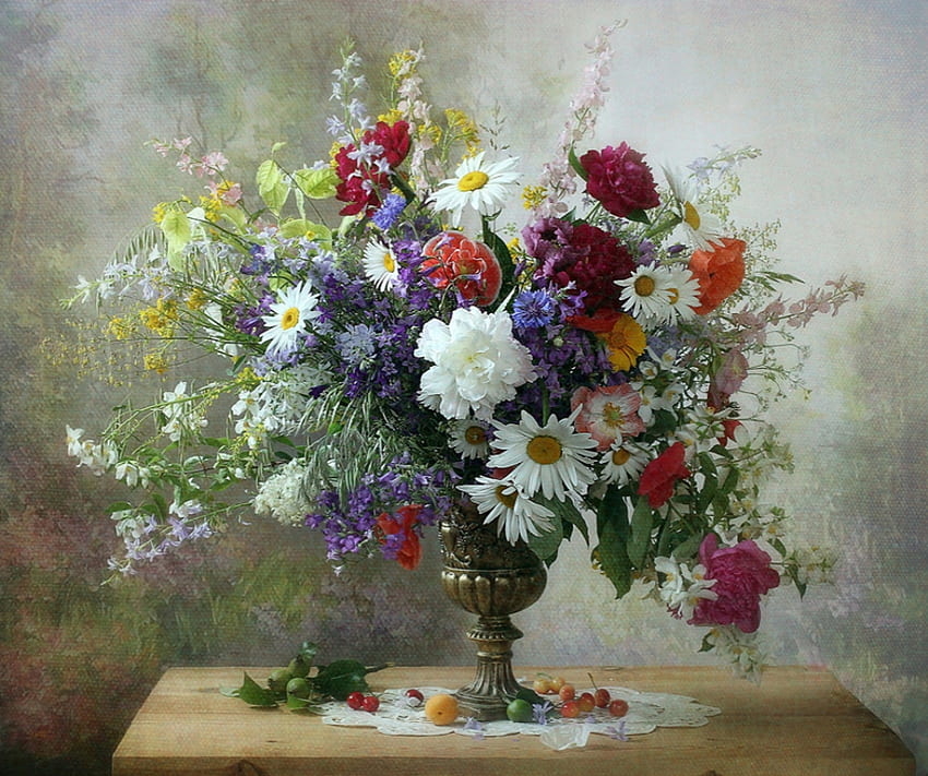 Sommergarten, Blumen, Obst, Blumenstrauß, Vase HD-Hintergrundbild