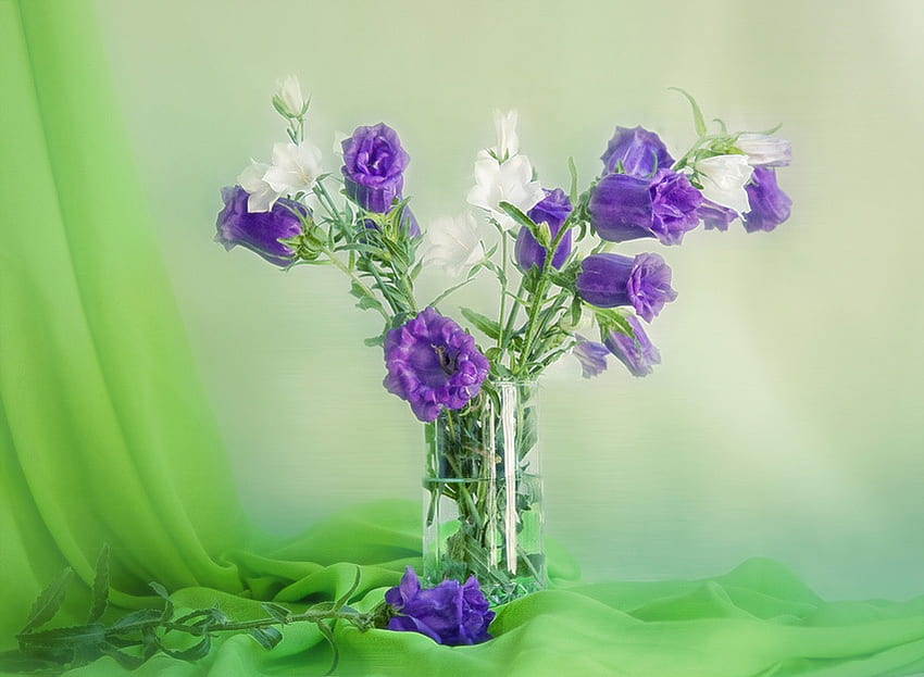 Beautiful flowers, purple, vase, white, flowers HD wallpaper