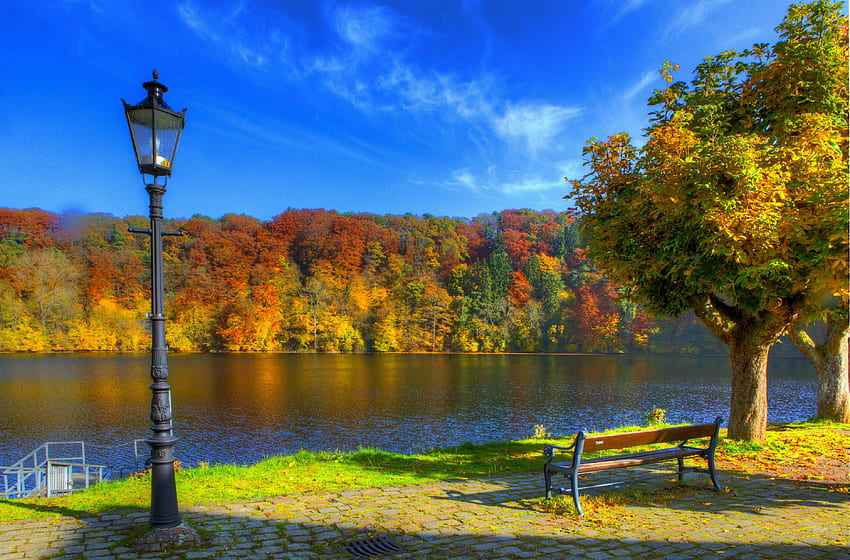 sky, Autumn, Ulm, River, Germany, Bench, Lantern, Lamp, Post / and Mobile Background HD wallpaper