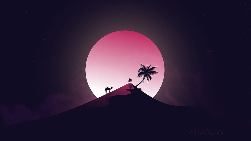 пустиня, хълм, луна, камила, палмово дърво, пустинно розово HD тапет