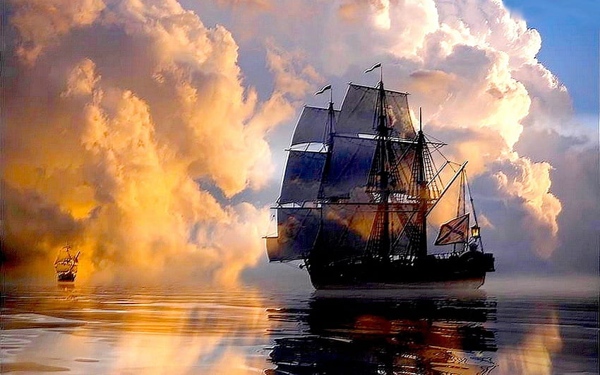 SAILING in the MIST, mist, ship, Sea, clouds, sail HD wallpaper