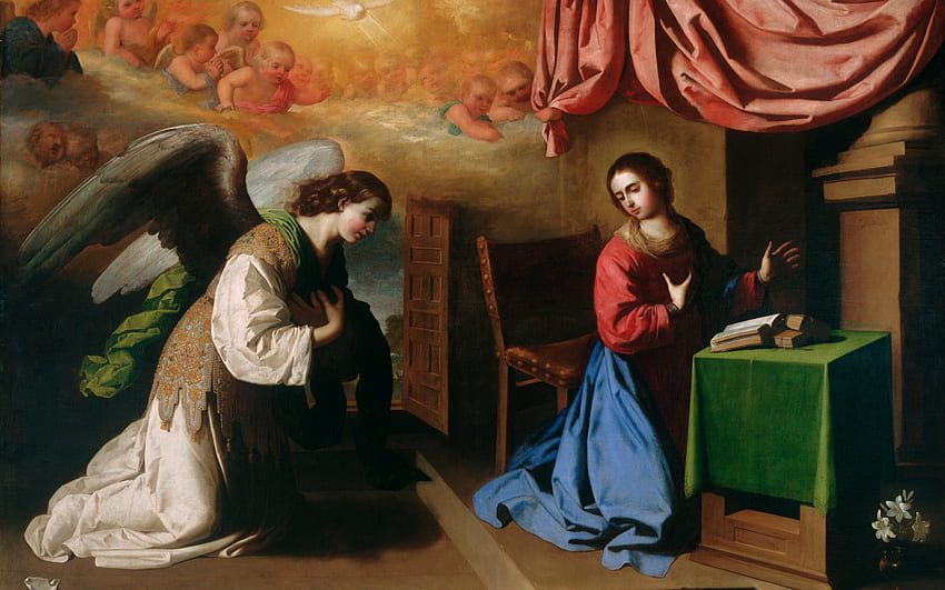 Annunciation by Francisco de Zurbaran, francisco de zurbaran, art, annunciation, pictura, girl, angel, maria, woman, painting HD wallpaper