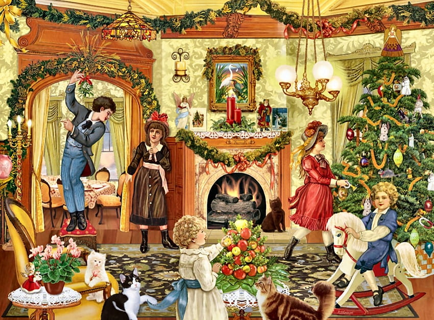 Victorian Christmas F2, Dezembro, arte, Victorian, felino, gato, bonita, ilustração, obra de arte, cenário, ocasião, tela larga, feriado, pintura, Natal, animal papel de parede HD