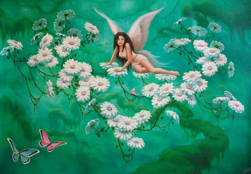 ✼The BabySitter✼, plants, cute, colors, oil on canvas, angel, traditional art, charm, butterflies, designs, blossoms, animals, wings, sweet, imaginations, paintings, beautiful, creations, fantasy, pretty, cool, flowers, lovely, blooms, splendor HD wallpaper