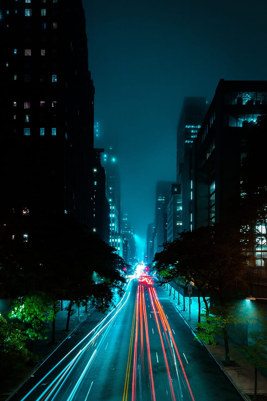 światła, ciemność, droga, mgła, miasto nocą, ulica Tapeta na telefon HD