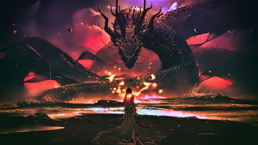 Dragon, sea monster, woman, fantasy, art HD wallpaper
