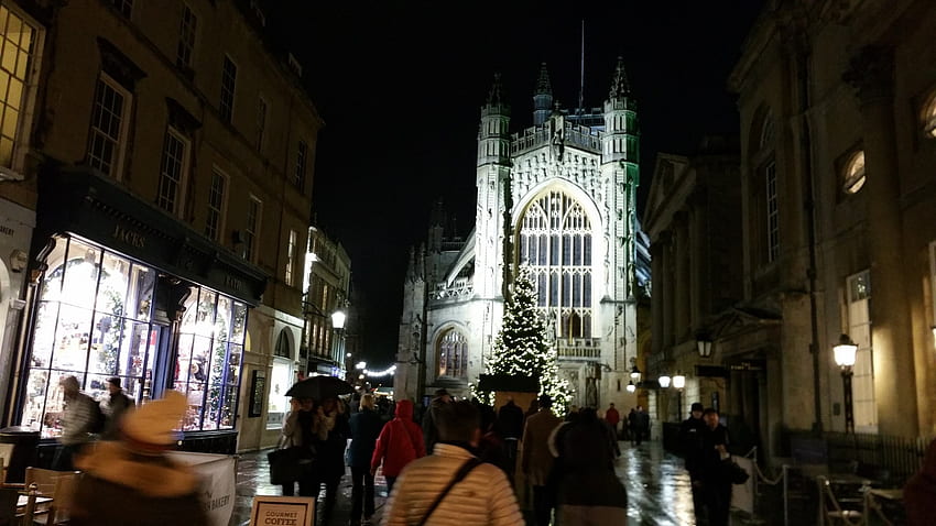 Bath Abbey, City of Bath, Abbey, Christmas Shopers, Christmas lights, Lights HD wallpaper