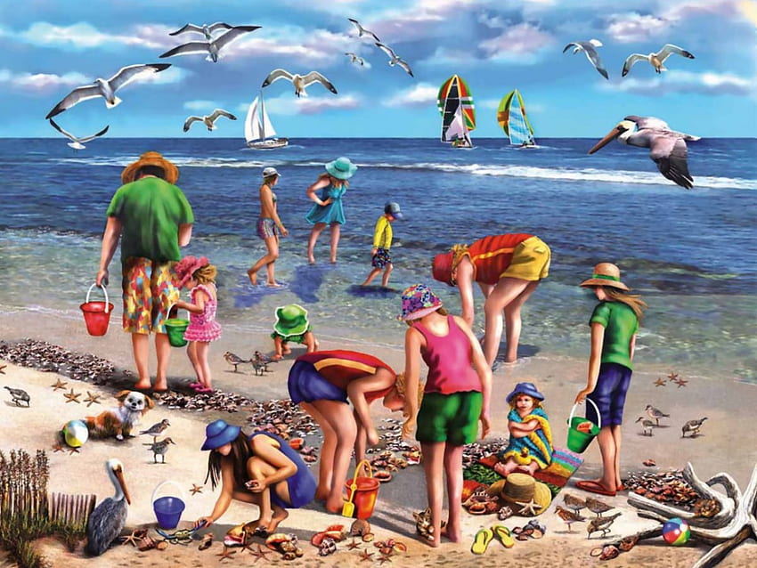 Shell Hunters F2, sea, art, landscape, beach, artwork, shore, scenery, wide screen, painting, ocean HD wallpaper