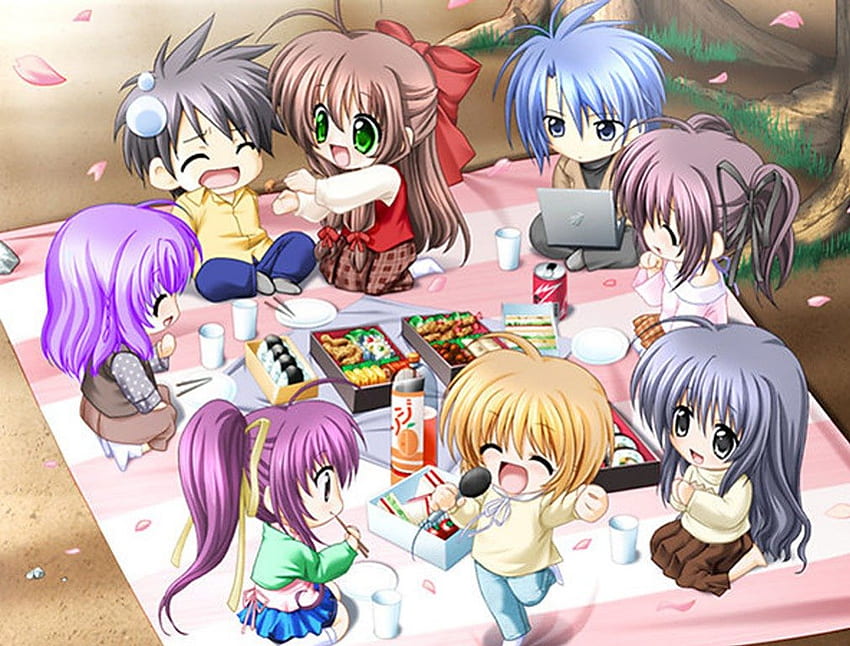 Chibi Picnic, cute, lunch box, long hair, team, eat, petals, group, hungry, short hair, happy, adorable, male, female, picnic, delicious, girl, adore, food, kawaii, anime girl, boy, anime, lunch, sushi, friend, guy HD wallpaper