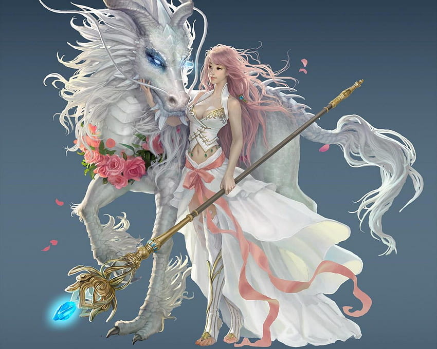 Personaggio anime femminile che indossa un abito bianco accanto a un unicorno bianco Sfondo HD