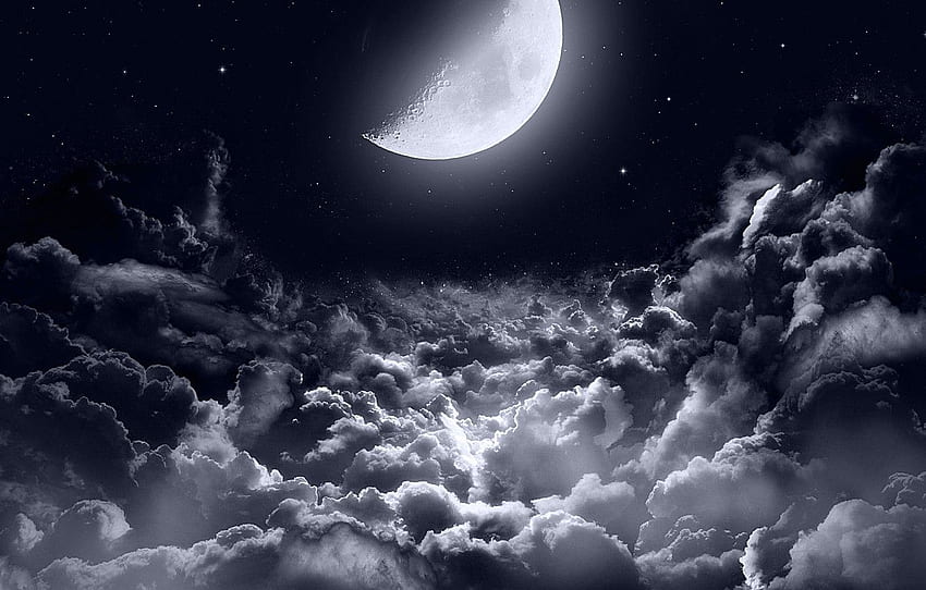 Dark, moon, clouds, stars, night sky, moonlight, half moon, night sky ...
