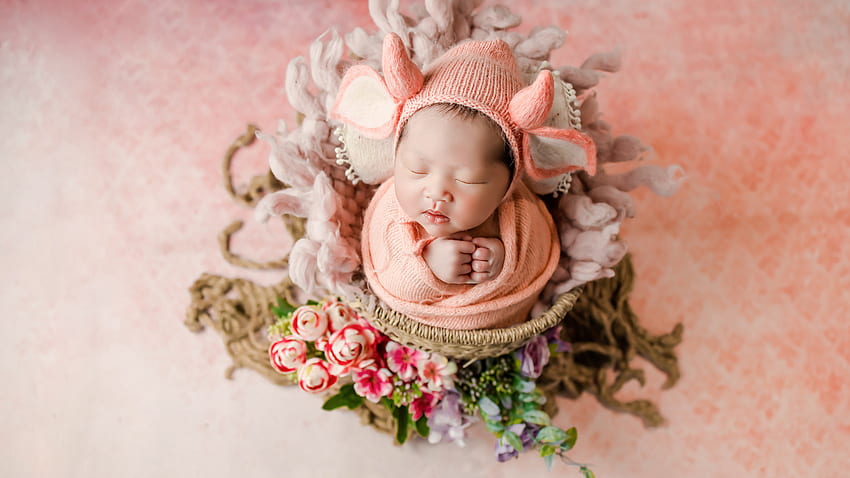 graphy Of Cute Baby Is Covering With Light Orange Woolen Knitted Cloth Inside Basket Cute HD wallpaper