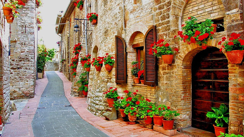 Italien Blumen, italienische Straße HD-Hintergrundbild