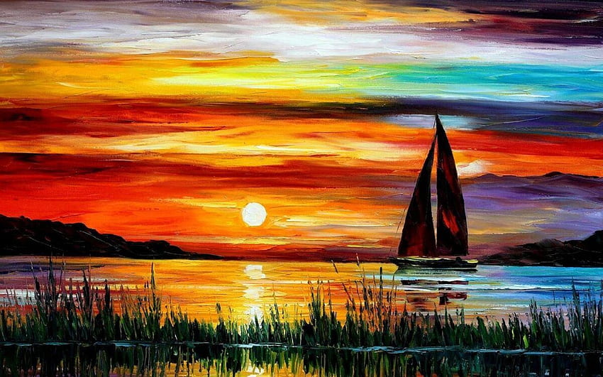 Painting, Sunset, Sea, Boat, , , , High Resolution Digital , , Illustration, Abstract, Painting, Art Is Everywhere, Artist, Creation HD wallpaper