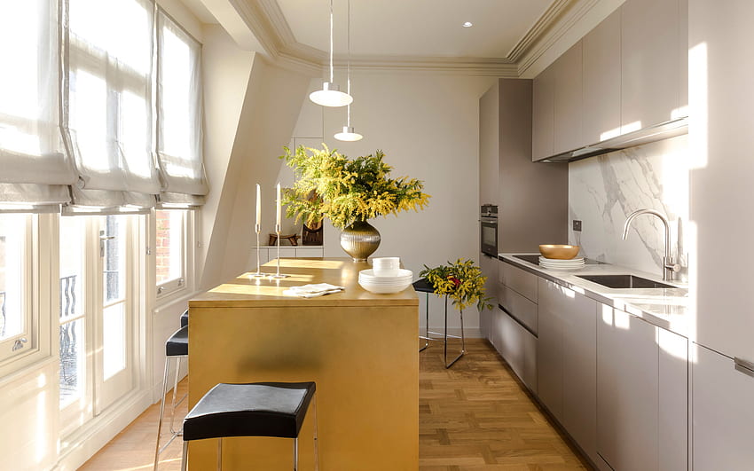 interni cucina dal design elegante, interni moderni, cucina, mobili grigi in cucina, idea per la cucina Sfondo HD