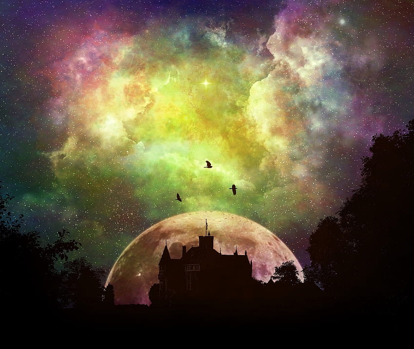 Castle, moon, mystical, colorful sky, fantasy HD wallpaper