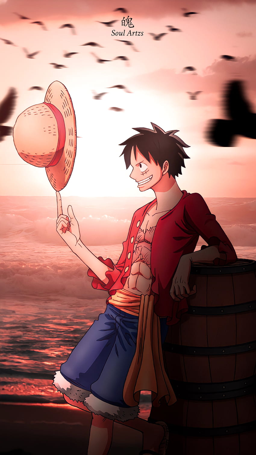 Monkey D Luffy, ludzie w naturze, niebo, animeboy, ocean, plaża, zachód słońca, anime, jednoczęściowy, anime Tapeta na telefon HD