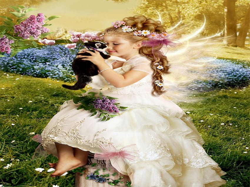 cute, tender, kitten, garden, cat, nature, angel, grass HD wallpaper
