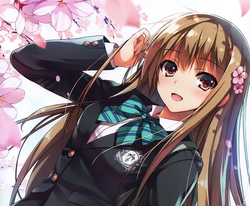 Happiness, anime girl, smile, happy, flowers, school, school uniform, long hair, bloom HD wallpaper