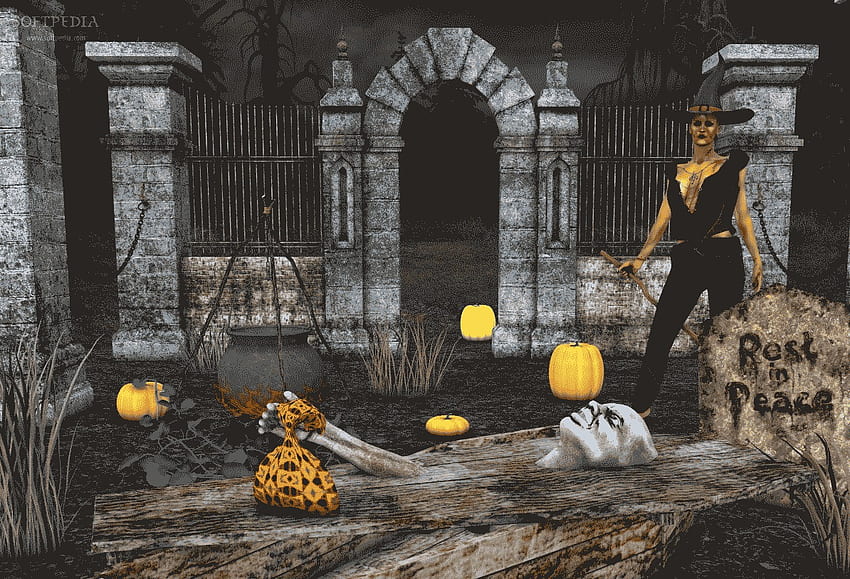 Rest In Peace?, pumpkins, cemetery, coffin, zombie, grave, witch HD wallpaper