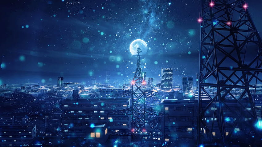 Blue Night Big Moon Anime Scenery Resolution , , Background, and , 1366X768  Blue HD wallpaper | Pxfuel