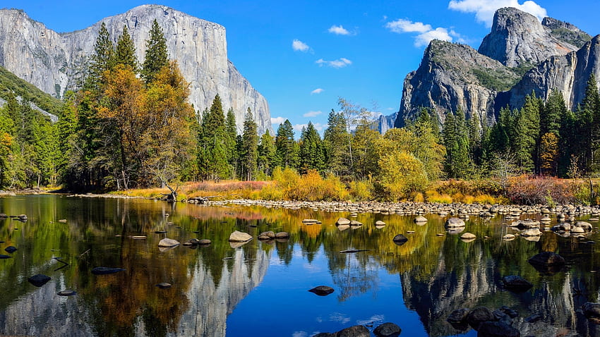 Belo cenário de Yosemite, incrível, paisagem do lago, Parque Nacional de Yosemite, reflexões, bom, cenário, 1920x1080, El Capitan, reflexo, montanhas, cenário, espelho, paisagem fluvial, paisagem, rochas, árvore, lago, panorama, natureza, paisagem montanhosa, lindo dia , rio, cênico, outono, incrível, cena, parques nacionais, linda, pinho, legal, nuvens, céu, esplendor papel de parede HD