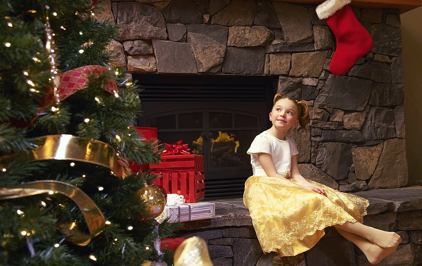 Enjoying Christmas, decoration, lights, chimney, girl, child, tree HD wallpaper