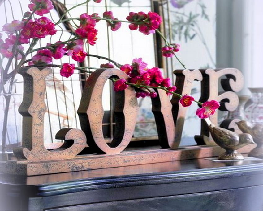 Flowers & LOVE, word, word love, window, vine, flowers, pink blooms HD wallpaper