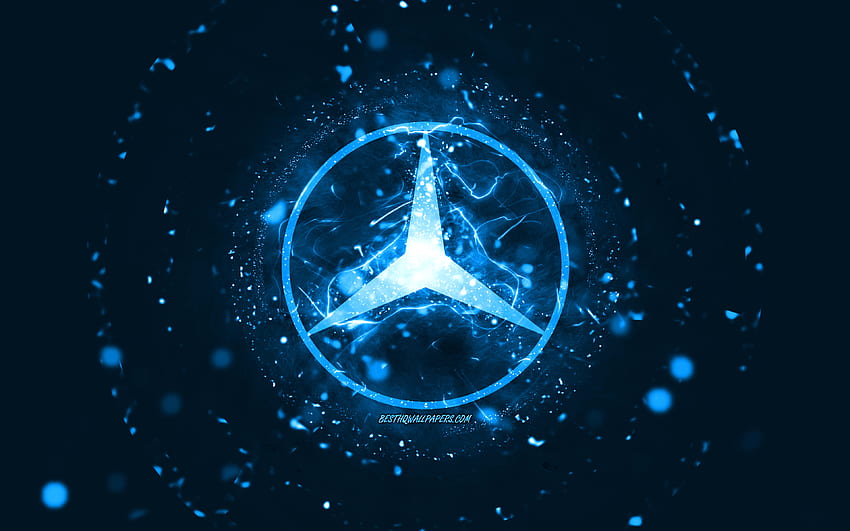 Mercedes-Benz mavi logo, mavi neon ışıklar, yaratıcı, mavi soyut arka plan, Mercedes-Benz logosu, otomobil markaları, Mercedes-Benz HD duvar kağıdı