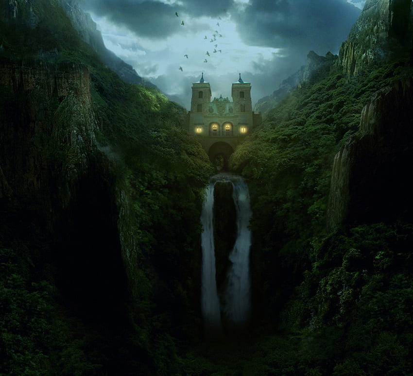 Dream Castle, abstracto, cg, fantasía, cascadas, castillo, montañas, bosque fondo de pantalla