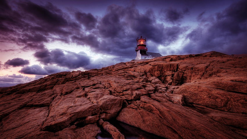 fantastic lighthouse on a rocky cliff r, lighthouse, clouds, r, cliff, rock HD wallpaper