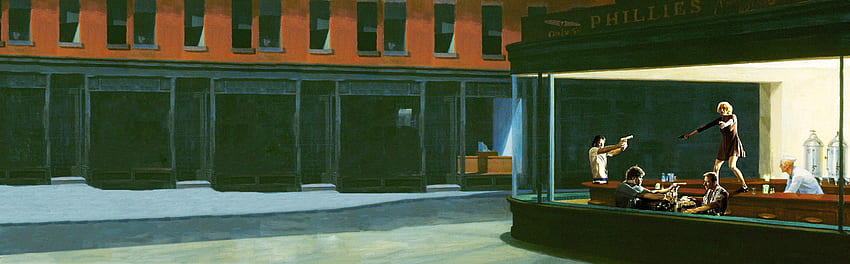 !! DIPERBARUI!! Lukisan Edward Hoppers Nighthawks dengan pulp fiction dan diperluas ke monitor ganda.: multiwall Wallpaper HD