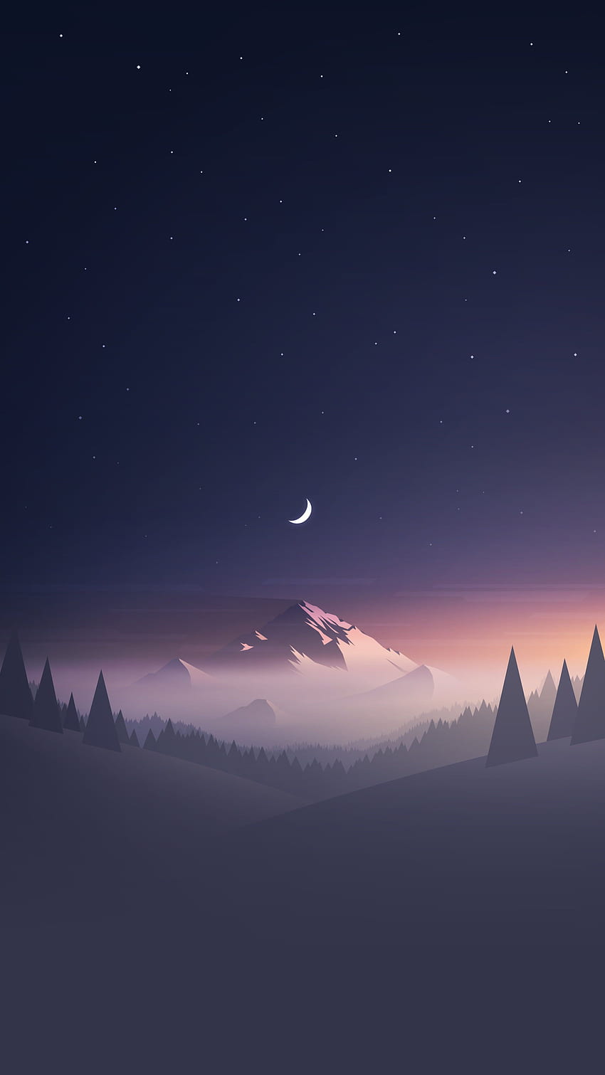 планина и дървета под звездно небе илюстрация, планина, заобикаляща дървета, цифрово изкуство HD тапет за телефон