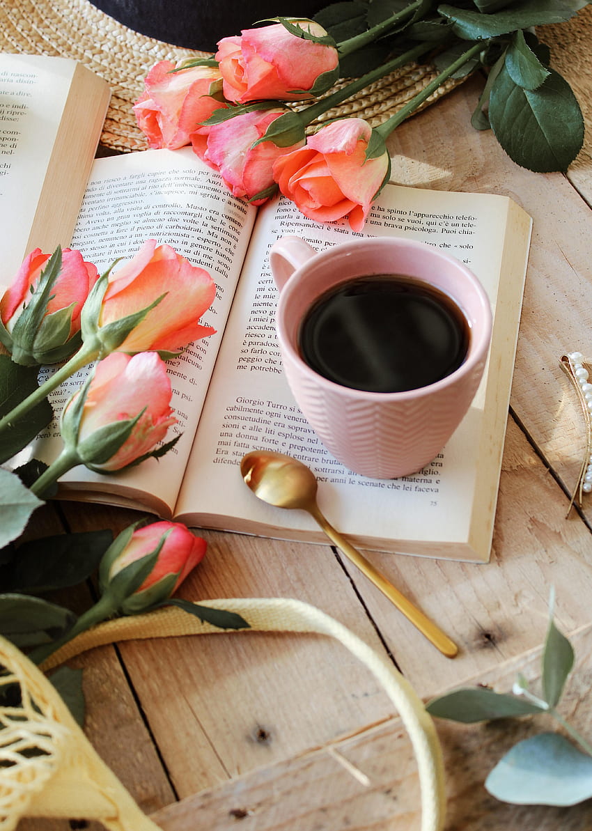 Flowers, Roses, , , Cup, Book, Tea HD phone wallpaper