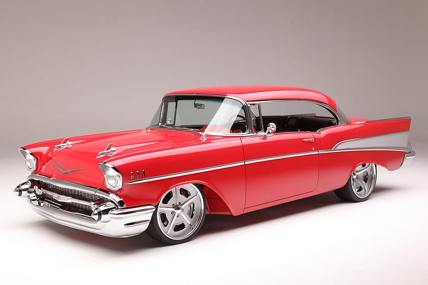 1957-Chevy-Belair, Classique, GM, Rouge, Roues personnalisées Fond d'écran HD