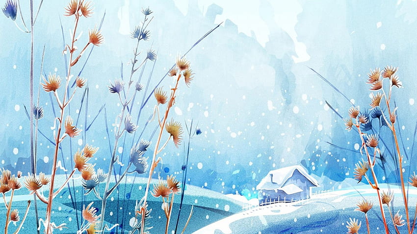 Winter Praire Cabin, azul, pradera, cielo, escarcha, frío, invierno, hierba, pintura, nieve, nevando, cabaña fondo de pantalla