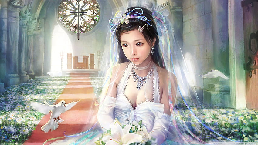 Bride Painting, dove, bird, girl, dress, 1920x1080, painting, fantasy, flower, , bride HD wallpaper