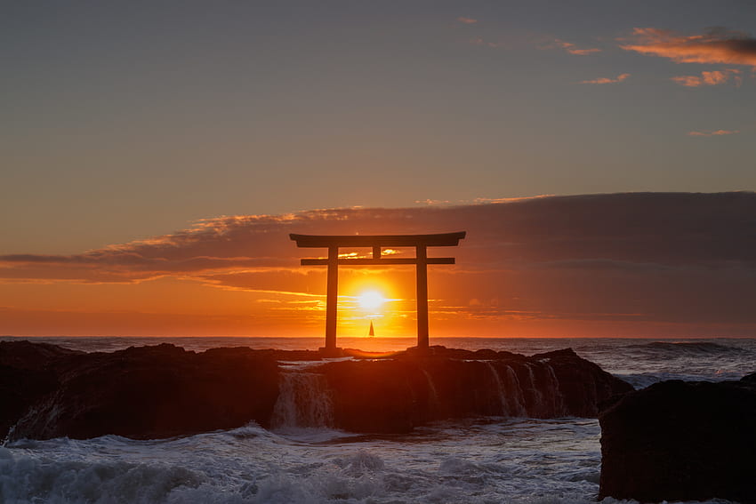 Japan, Nature, Sunset, Sea, Arch, Torii HD wallpaper